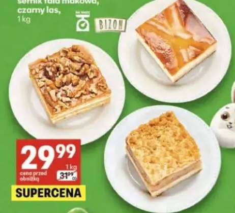 Ciasto: sernik ryska, tofinka, szarlotka, orzechowiec, truskawka z galaretką, rolada śmietanowo-porzeczkowa, sernik fala makowa, czarny las