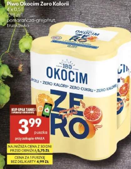 Piwo Okocim Zero Kalorii pomarańcza-grejpfrut 4-pak