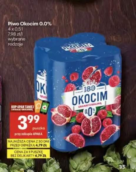 Piwo bezalkoholowe Okocim 0.0% Granat z maliną 4-pak 500ml