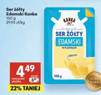 Ser żółty Edamski w plastrach Kanka