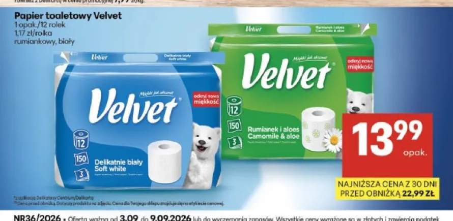 Papier toaletowy Velvet delikatnie biały 12-pak +1 wariant